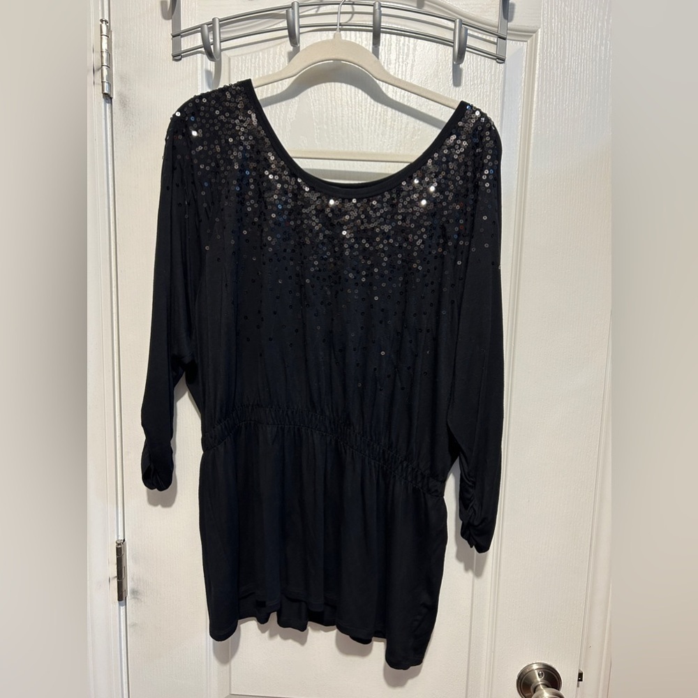 Grace Elements 3/4 ruched Sleeve sequin blouse Tunic top women's L black classic